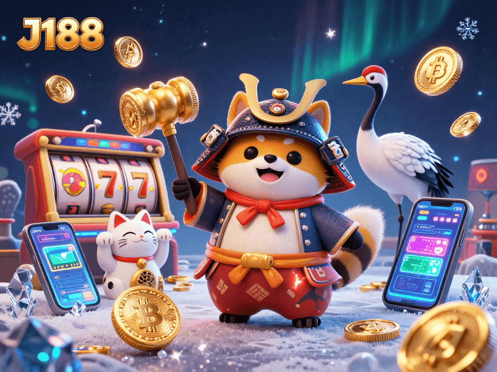 Engage with J188's vibrant casino experience, where a cheerful tanuki and fortune cats celebrate winning with digital coins and festive elements.