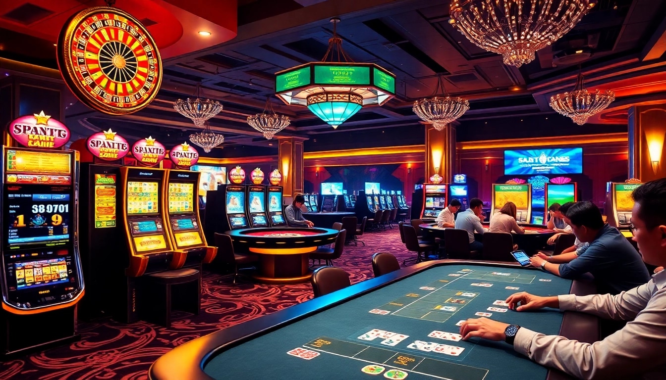 Casino tables with players enjoying games at https://ta88.help/ featuring vibrant gambling elements and digital betting interfaces.