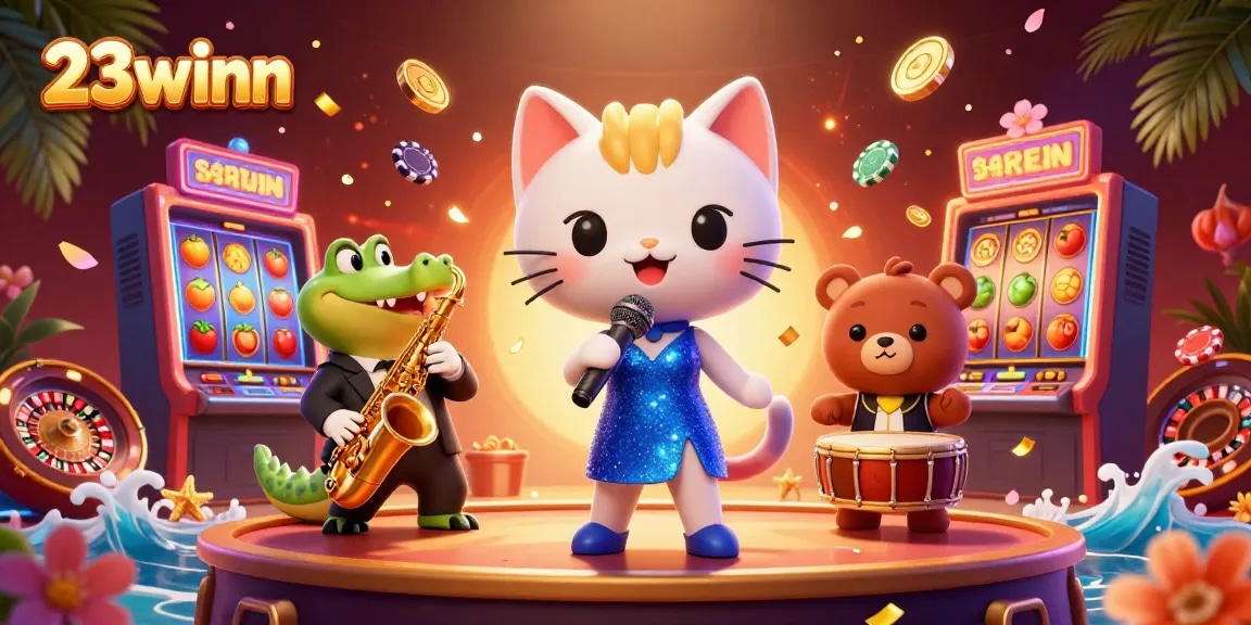 Engage with 23winn as a lively cat singer captivates players on a casino stage.