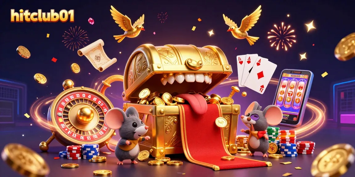 Experience the excitement of hitclub01 with a vibrant 3D illustration capturing golden treasures and casino thrills.