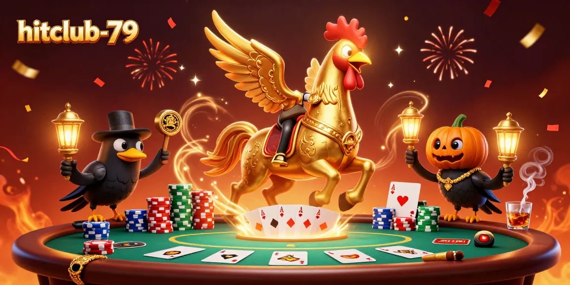 Experience the dazzling excitement at hitclub-79, with golden rooster characters amidst vibrant casino action.