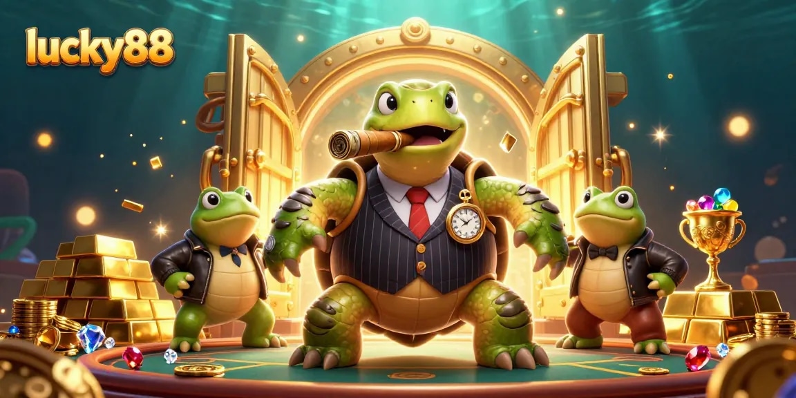 Experience lucky88's thrilling gaming with vibrant visuals of a cartoon turtle and gems.