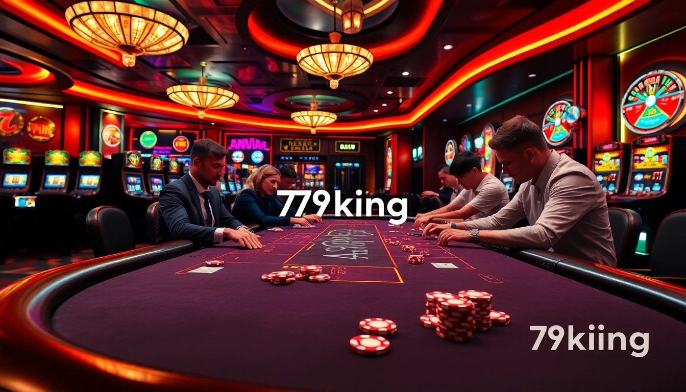 Players engaging intensely at a high-stakes poker table, showcasing 79king's premium gambling experience.