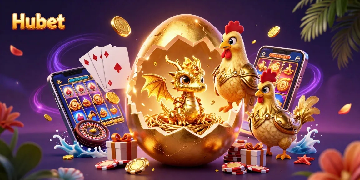 Engage in thrilling gameplay at Hubet with a golden dragon guarding poker chips amidst vibrant casino elements.