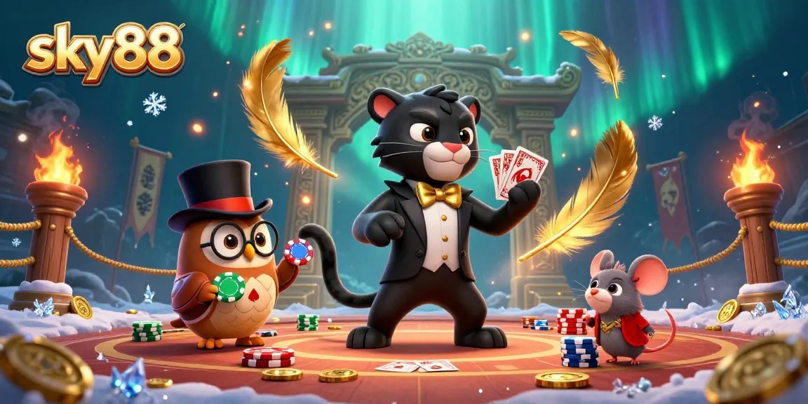Experience thrilling gaming with sky88 as the tuxedoed panther deals cards in a vibrant casino setting.