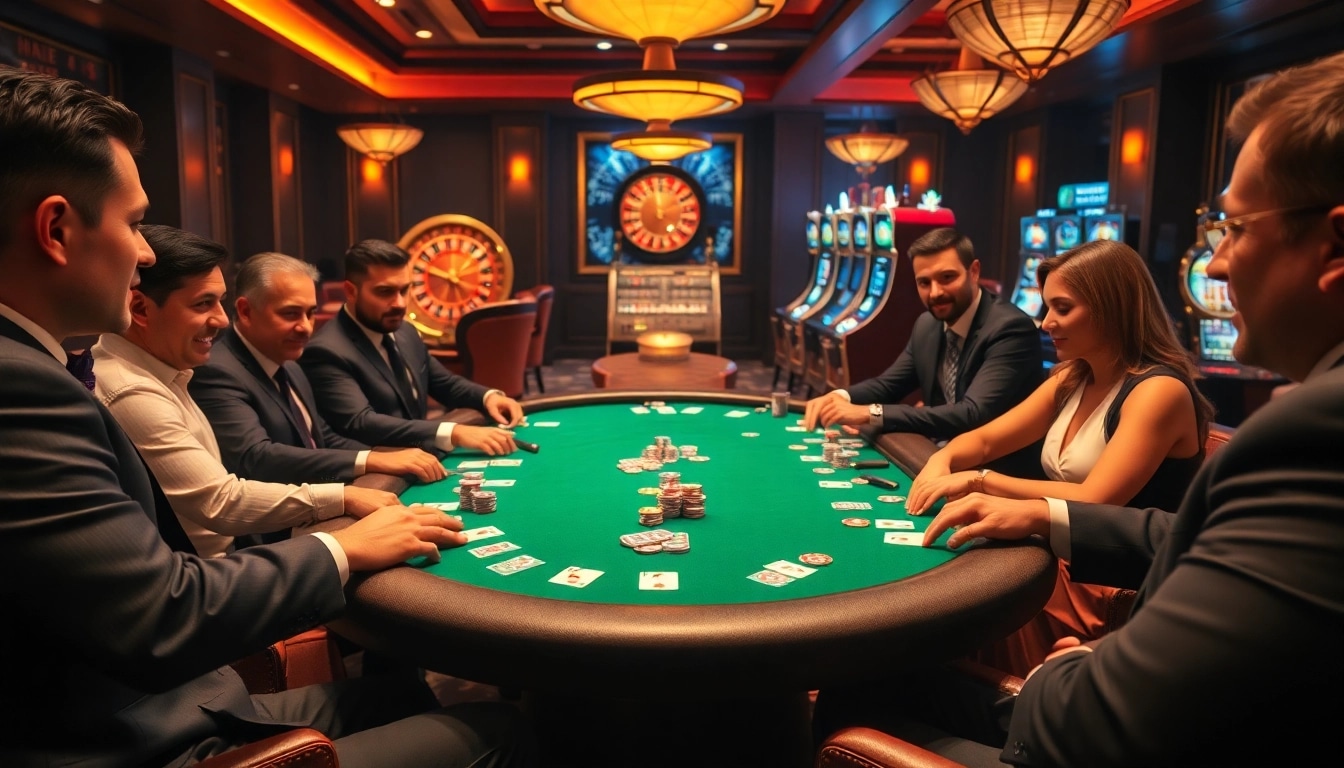 Man club poker players strategizing in a luxurious casino setting with warm lighting.
