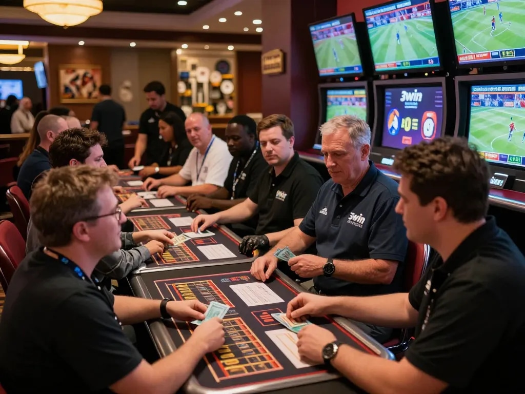 Excited bettors placing wagers using the 3win link at a vibrant sports betting environment