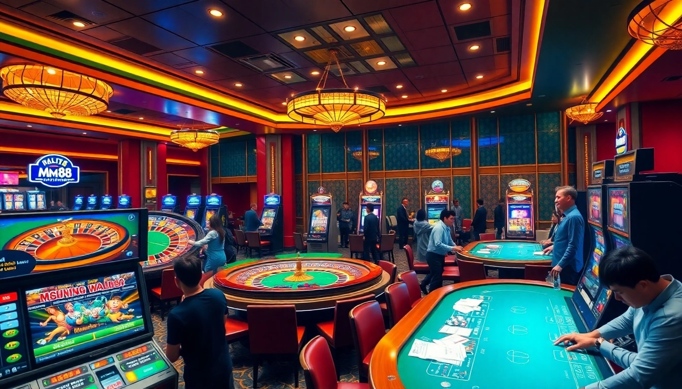 Link vào Mm88 casino scene with poker tables and a roulette wheel for strategic gameplay.