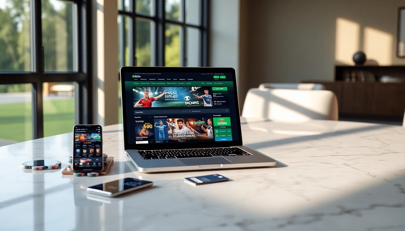 Online betting platform showcasing nhà cái uy tín on a laptop with casino elements.