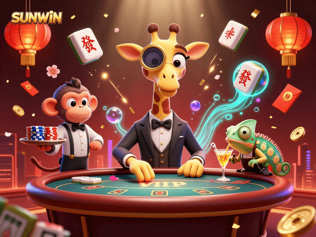 SUNWIN's high-roller giraffe and monkey valet celebrate big wins at a poker table in a vibrant casino scene.