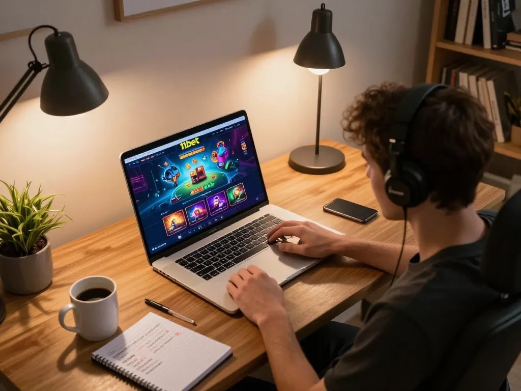 Engaging online 11bet casino gaming scene showcasing a modern home setup with vibrant graphics and strategic notes