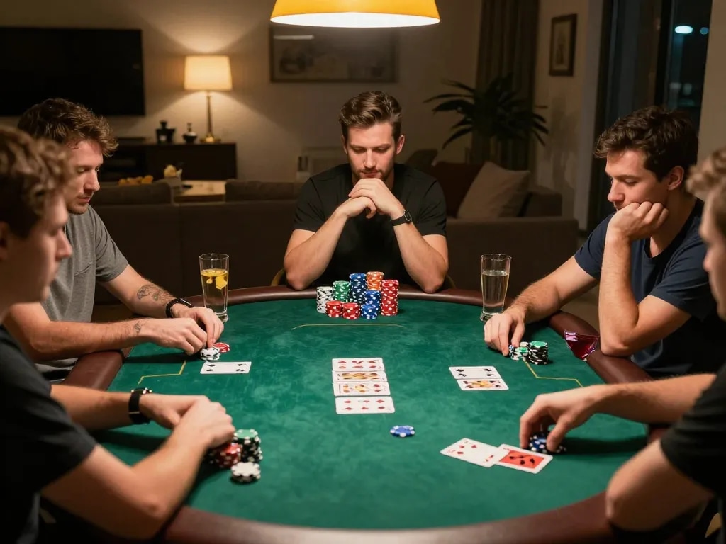 Engaged players at a home poker night celebrating strategic gameplay at https://98win8.co.com/.