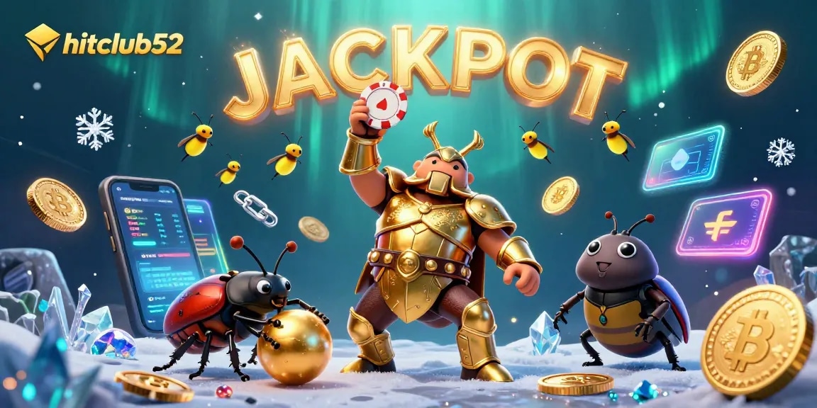 Experience thrilling wins with hitclub52, featuring cartoon beetles surrounded by vibrant casino game elements.