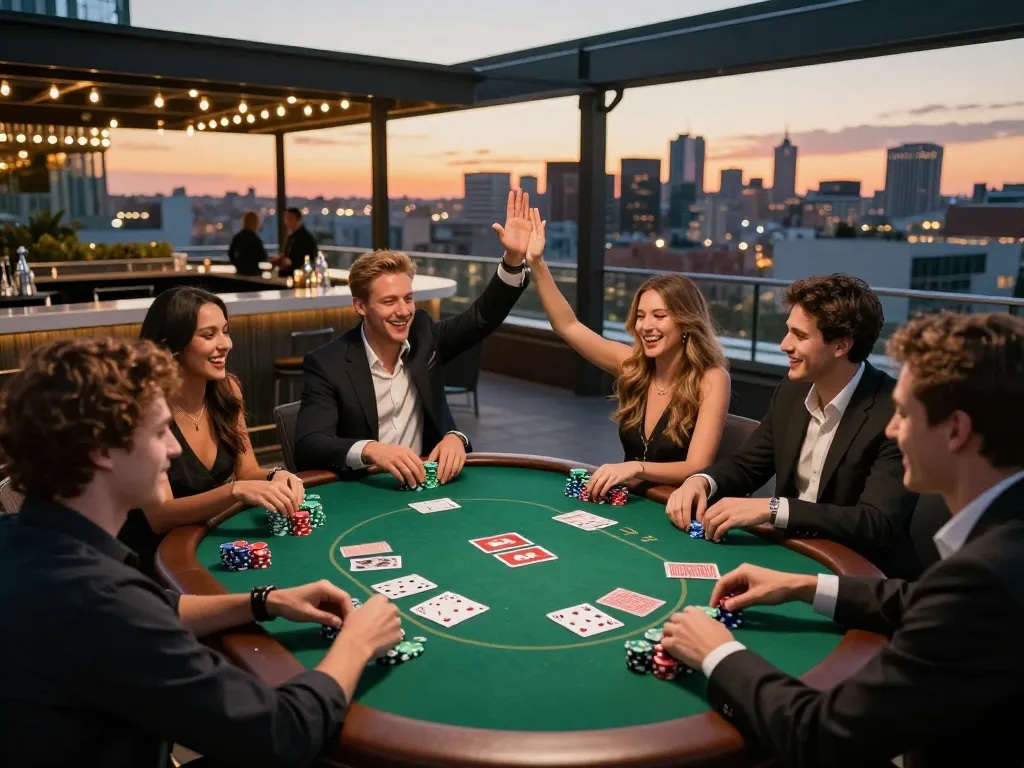 Friends enjoying poker night at sunset with lu88yy theme in a vibrant city terrace setting