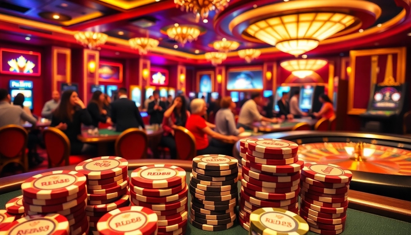 Engage with vibrant casino games at RED88 featuring poker tables, roulette wheels, and glowing slot machines.