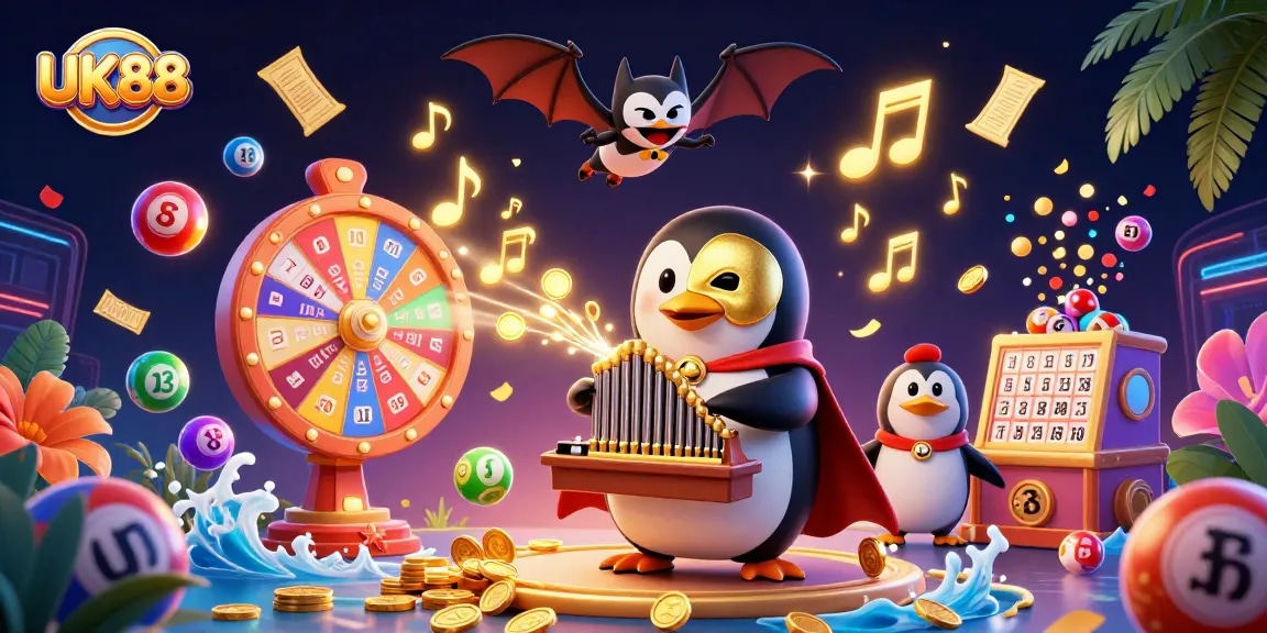 Experience UK88's lively casino atmosphere with a penguin organist, golden musical notes, and colorful lottery balls.