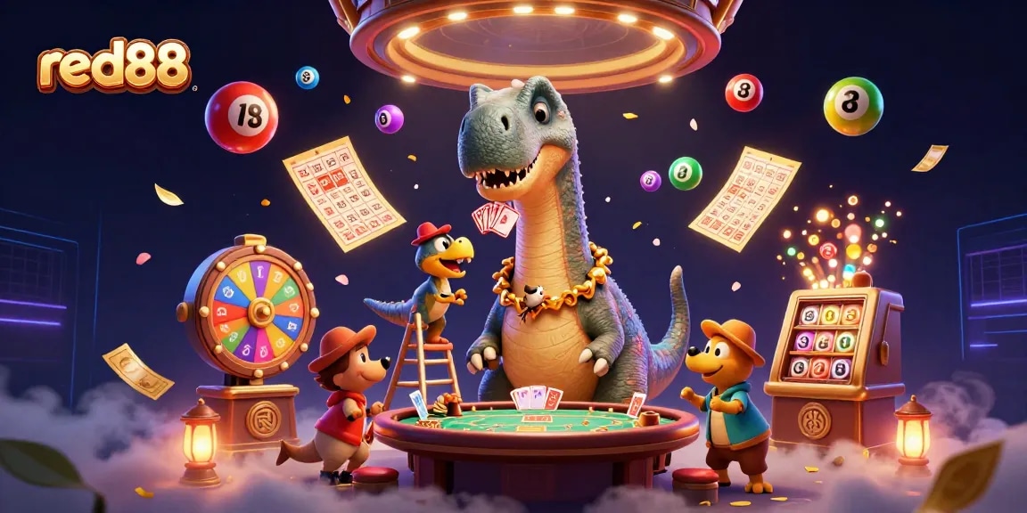 Experience the excitement at red88 with colorful lottery balls, a brontosaurus, and dynamic casino elements!