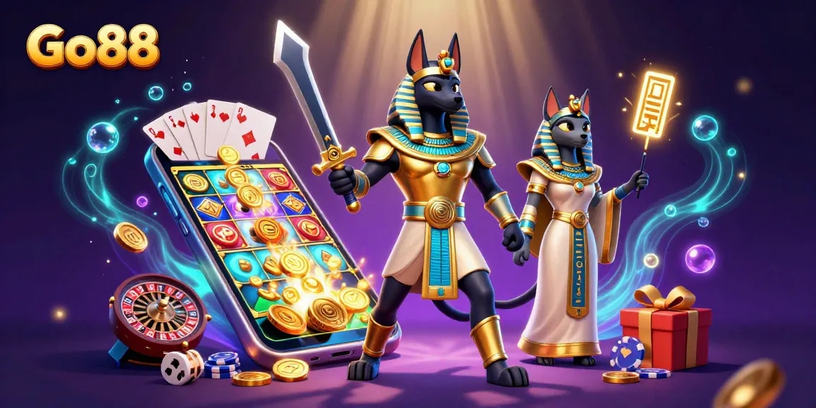 Experience thrilling gameplay at Go88 with vibrant 3D cartoon characters amidst lush casino elements.