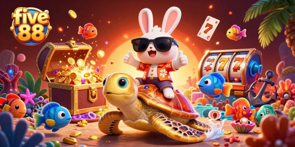 Experience the thrill of five 88 as a lucky rabbit rides a golden turtle amidst sparkling slot elements.
