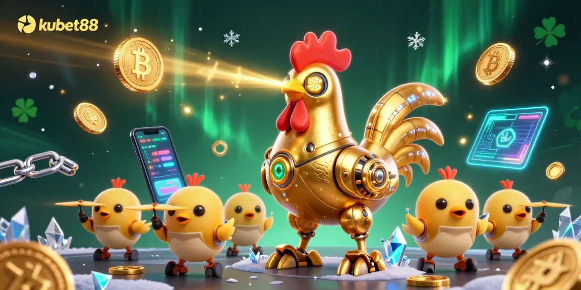 Engage with kubet88's thrilling games featuring a futuristic golden rooster and baby chick drones amidst crypto elements.