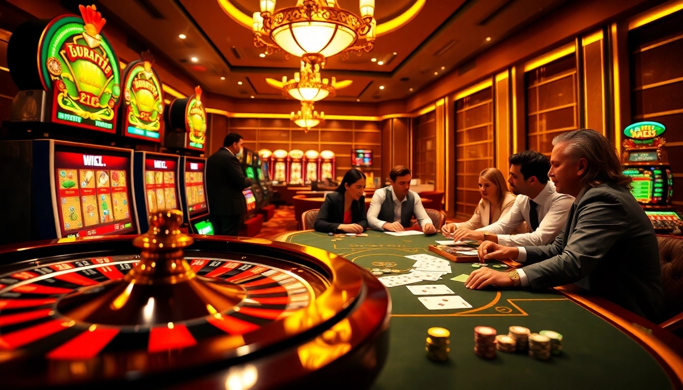 Exciting casino scene showcasing nohu90s.it.com with players engaging in poker and roulette.