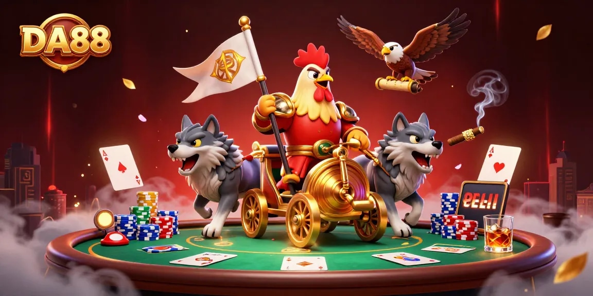 Experience thrilling moments at DA88 with a rooster warlord leading the action in an exciting casino scene.