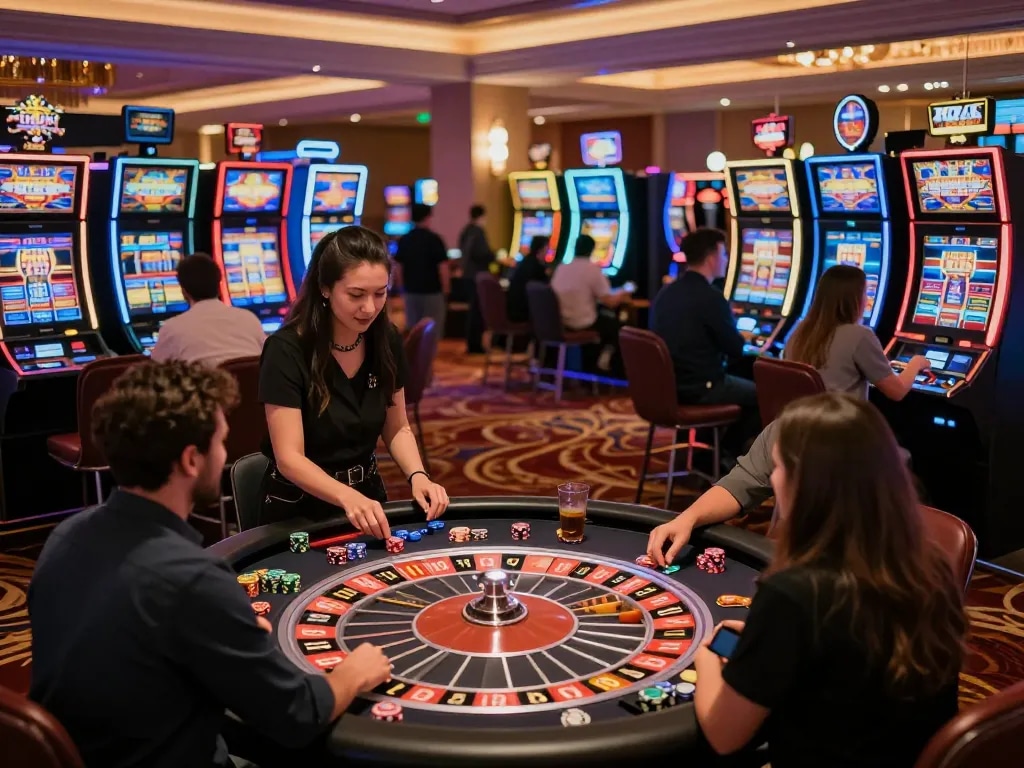 Players enjoying high-energy games at debet23 casino floor, vibrant slot machines and roulette action in focus.