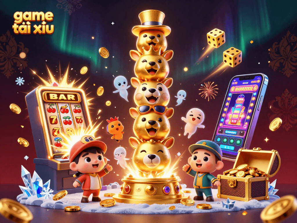 Engage in the thrilling game tài xỉu with immersive visuals of lively casino elements and vibrant symbols.