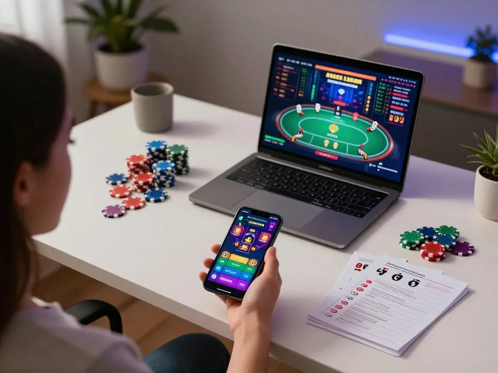 Engaging mobile gaming setup with https://vk88.vc/ casino app showcased on smartphone, conveying dynamic gambling experience.