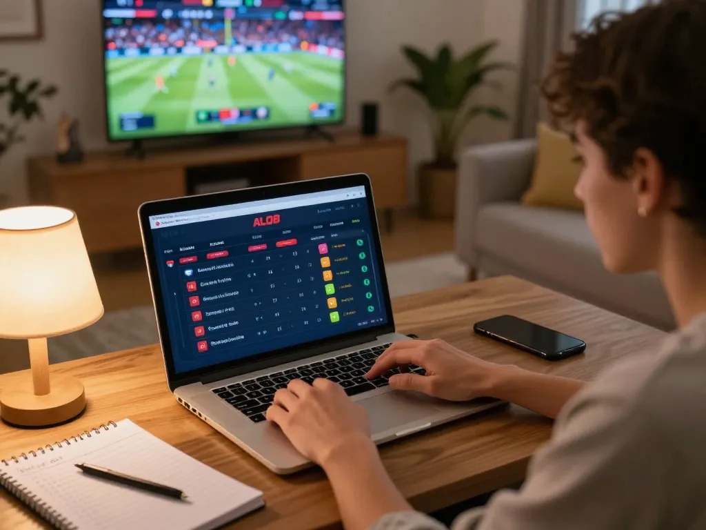 Live sports betting at ALO8 shows a focused user interacting with betting options on a laptop in a cozy atmosphere.