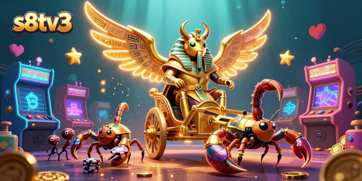 Engage in thrilling action at s8tv3 with a vibrant display of gaming elements and cartoon characters.