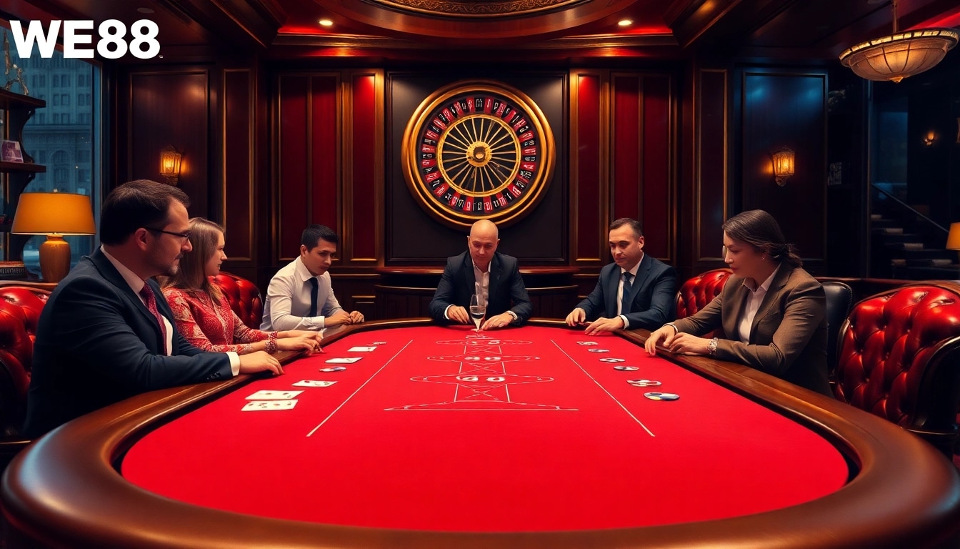 WE88 players enjoy an elite poker game at a luxurious casino table.