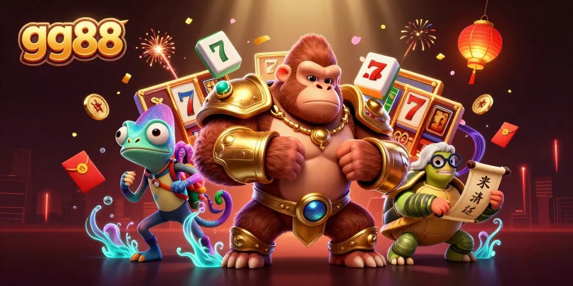 Spin and win on gg88 with the powerful gorilla king and mystical chameleon amidst dynamic gaming elements.