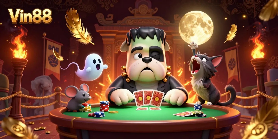 Vin88 offers exciting card games with a 3D cartoon bulldog dealer amidst vibrant casino elements.