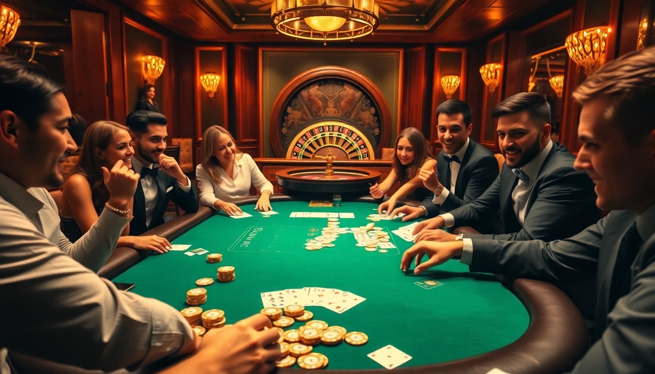 Excited players at a high-stakes poker table inside bj 88 casino, showcasing luxury and thrill.
