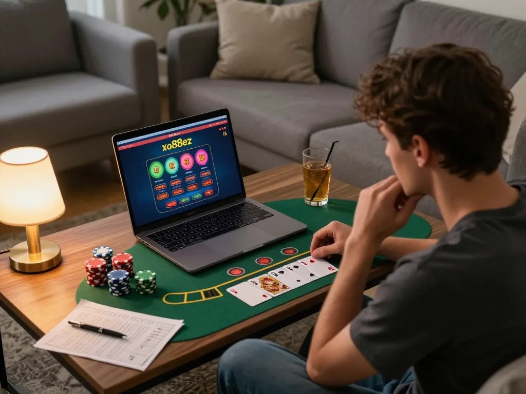 Engaging in a thrilling blackjack game at home on xo88ez with colorful cards and chips highlighted