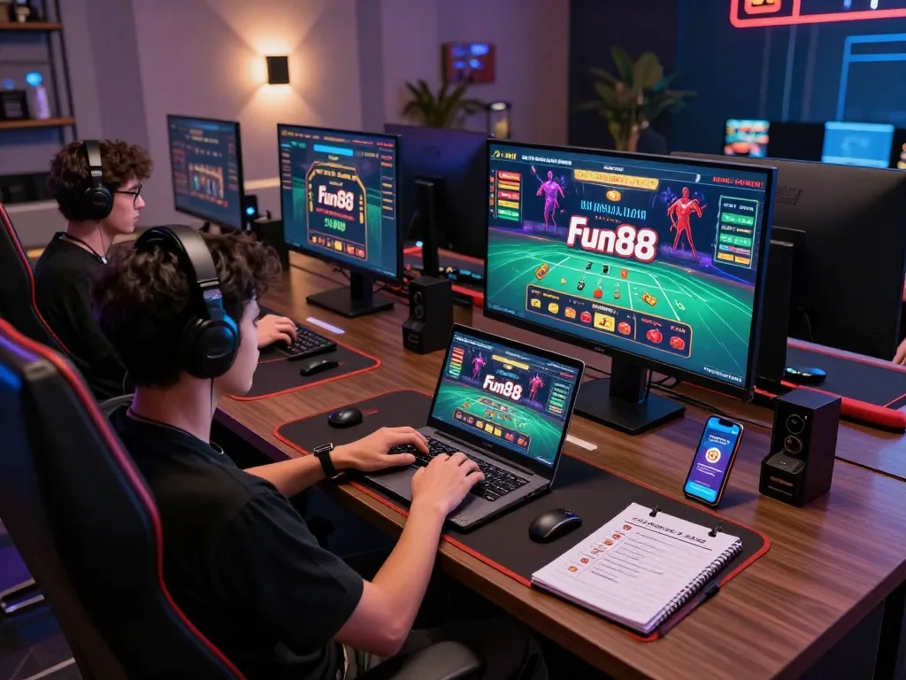 Engaging with Fun88 online casino platform via laptop in a stylish gaming setup