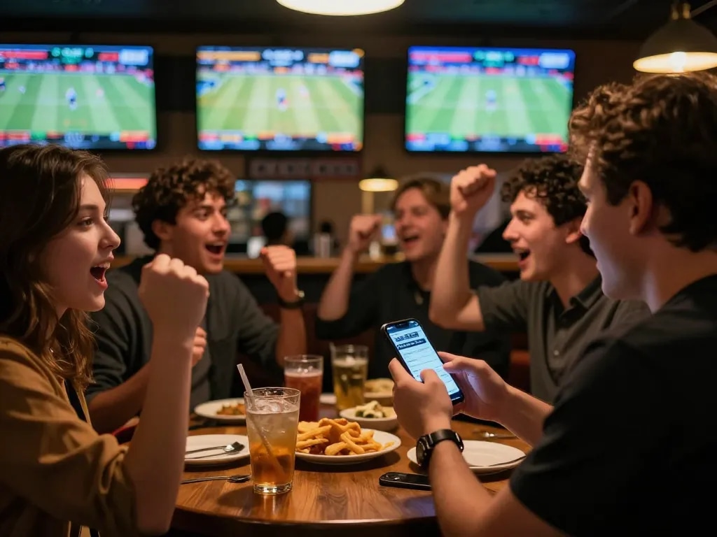 Excited patrons placing bets using apps while enjoying sports at LC88 vin's vibrant bar atmosphere.
