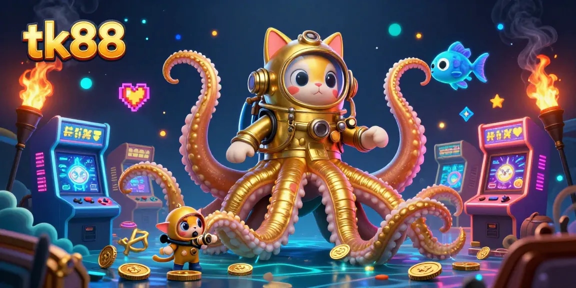 Engage with tk88's adventurous slot gaming experience in a vibrant 3D cartoon underwater scene.