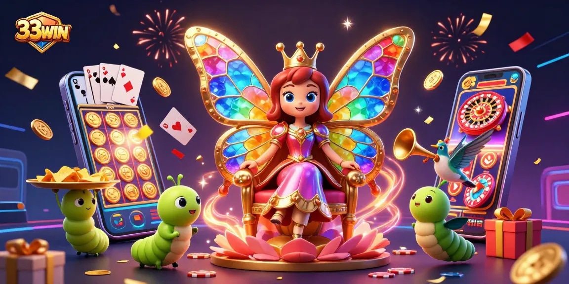 Experience thrilling gameplay in the vibrant world of 33WIN with colorful slot games and cartoon characters.