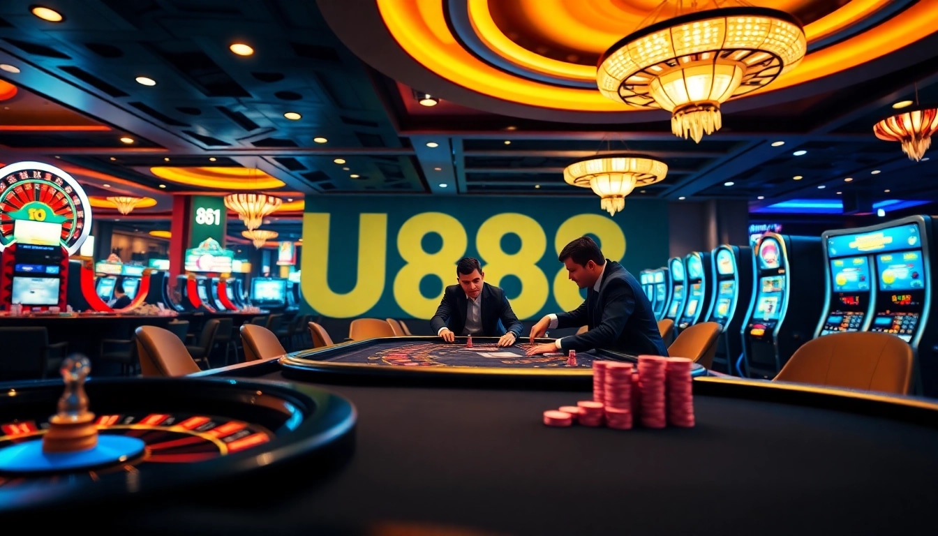 Experience the thrill at U888 with intense poker gameplay amidst a luxurious casino atmosphere.