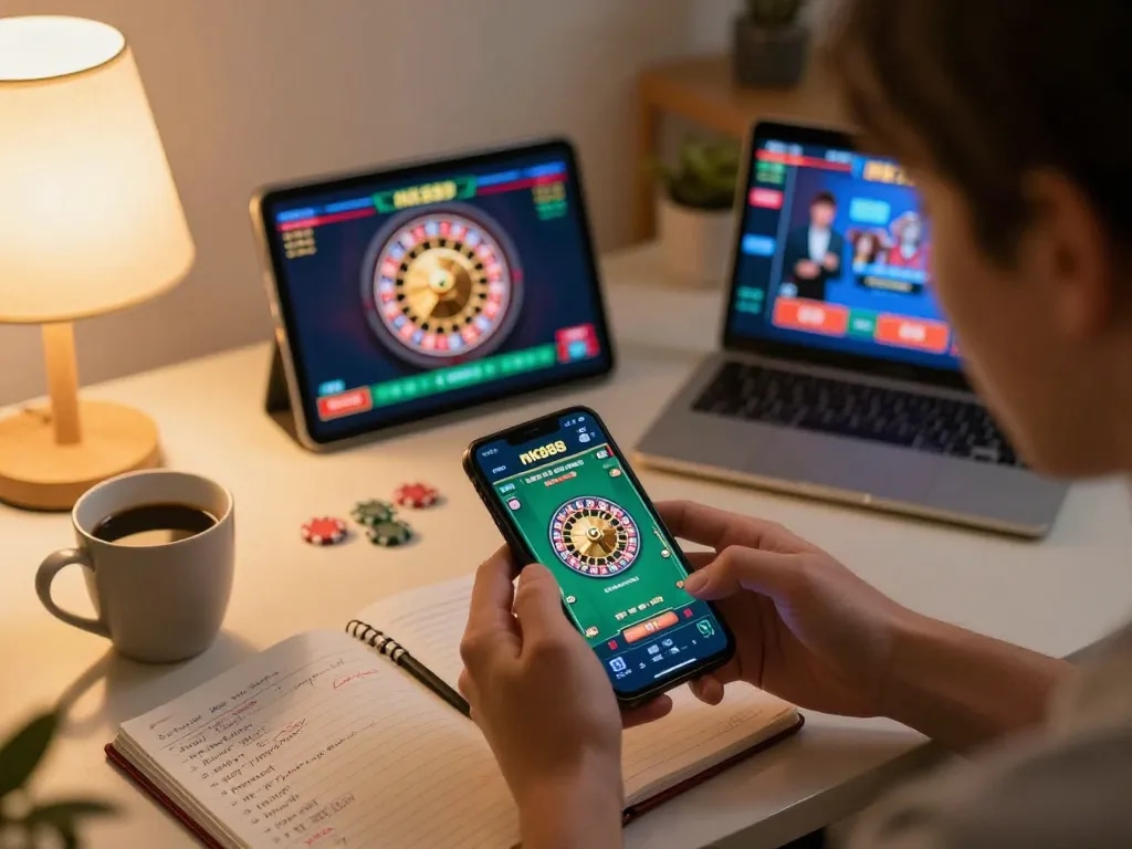 Engaging gameplay with nk88 app on smartphone during home gaming session showcasing roulette excitement.