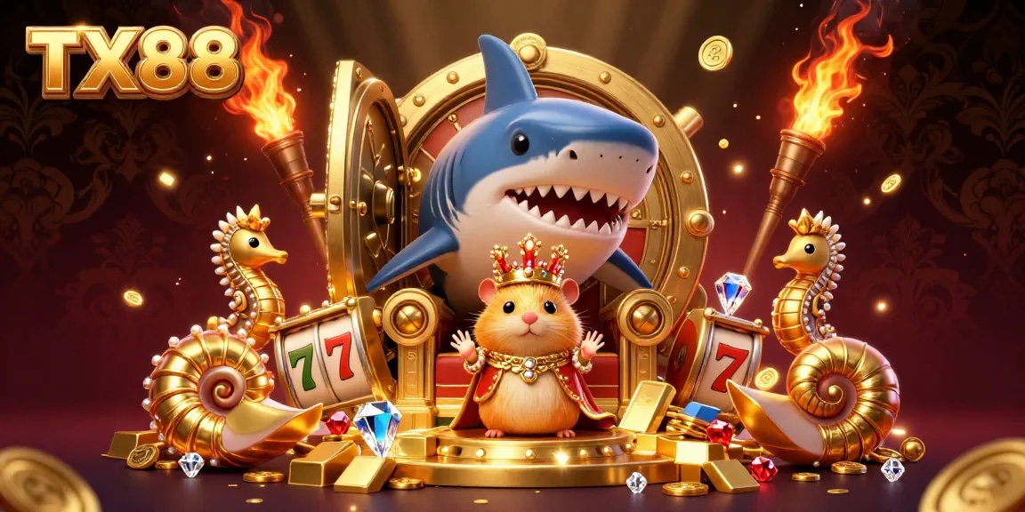 Experience elite gambling with TX88, featuring a golden hamster king and opulent treasures in a vibrant casino scene.