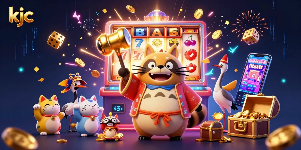 Engage with kjc's lively casino scene featuring a tanuki, a crane, and fortune cats amidst vibrant game elements.