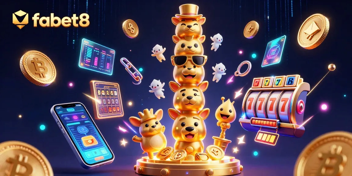 Engage with fabet8's dynamic gaming world featuring sparkling coins, slot reels, and vibrant casino elements.