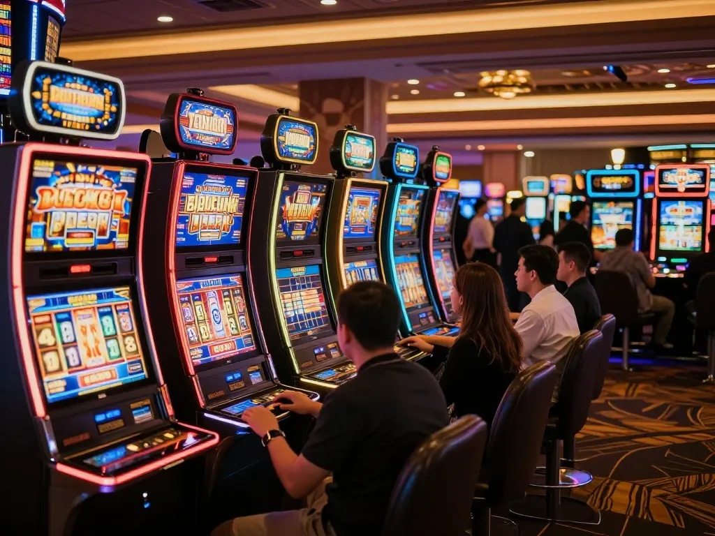 Players enjoying lively slot machines at a casino, highlighting 11 win opportunities amidst vibrant neon lights.