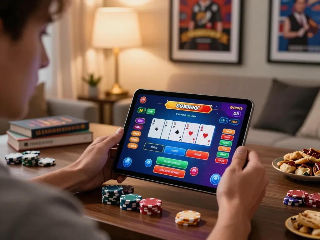 Player enjoying live blackjack on tablet while managing their bankroll with oxbet3 in a stylish cozy setting.