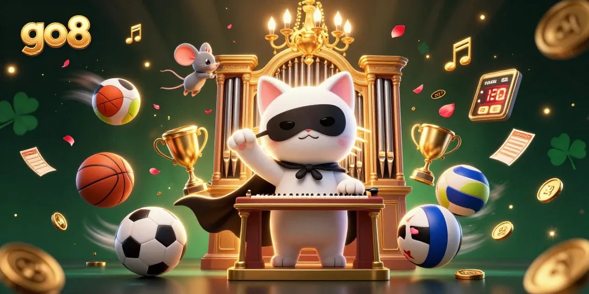 Join the excitement at go8 with a vibrant casino scene featuring a masked cat and dynamic gaming elements.