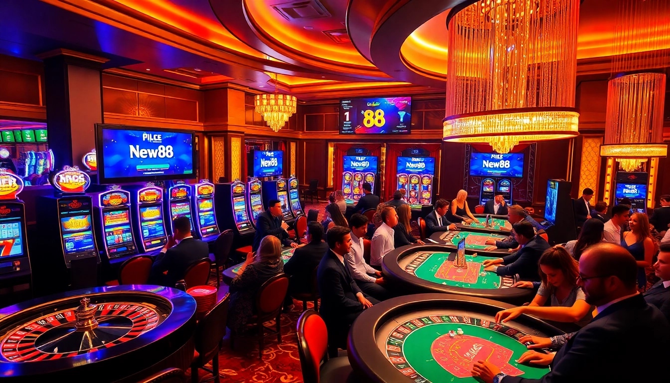 Experience the thrill of gaming at new88.com with vibrant casino tables and excited players.