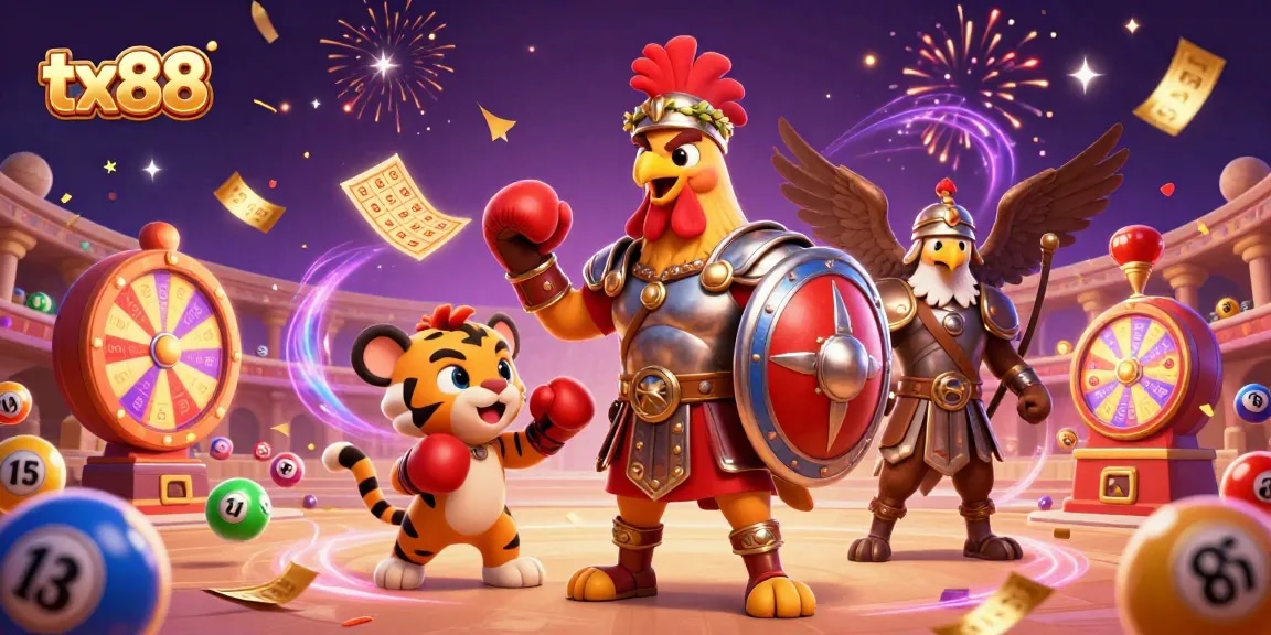 Experience tx88 with festive lottery and casino elements in a vibrant illustration.